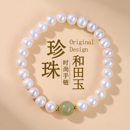 Natural Pearl & Hetian Jade Single Circle Bracelet | Elegant Light Luxury Women's Jewelry