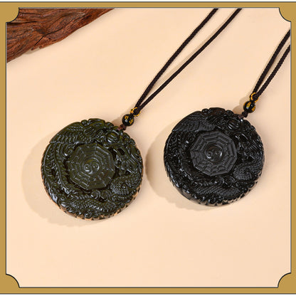 Natural Obsidian Dragon Phoenix Tai Chi Bagua Round Pendant Necklace - Harmony & Protection Amulet
