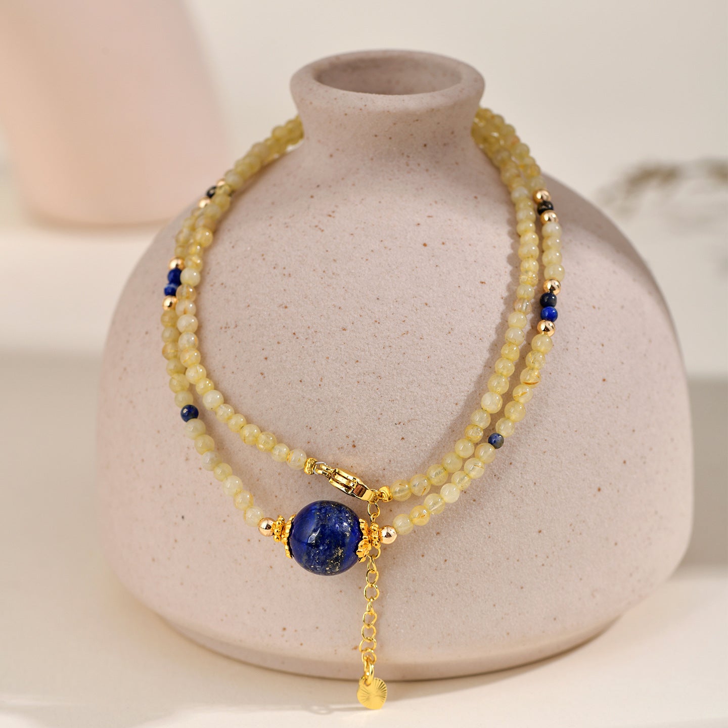 Natural Golden Rutilated Quartz Lapis Lazuli Collarbone Necklace | Wealth & Wisdom Talisman for Women