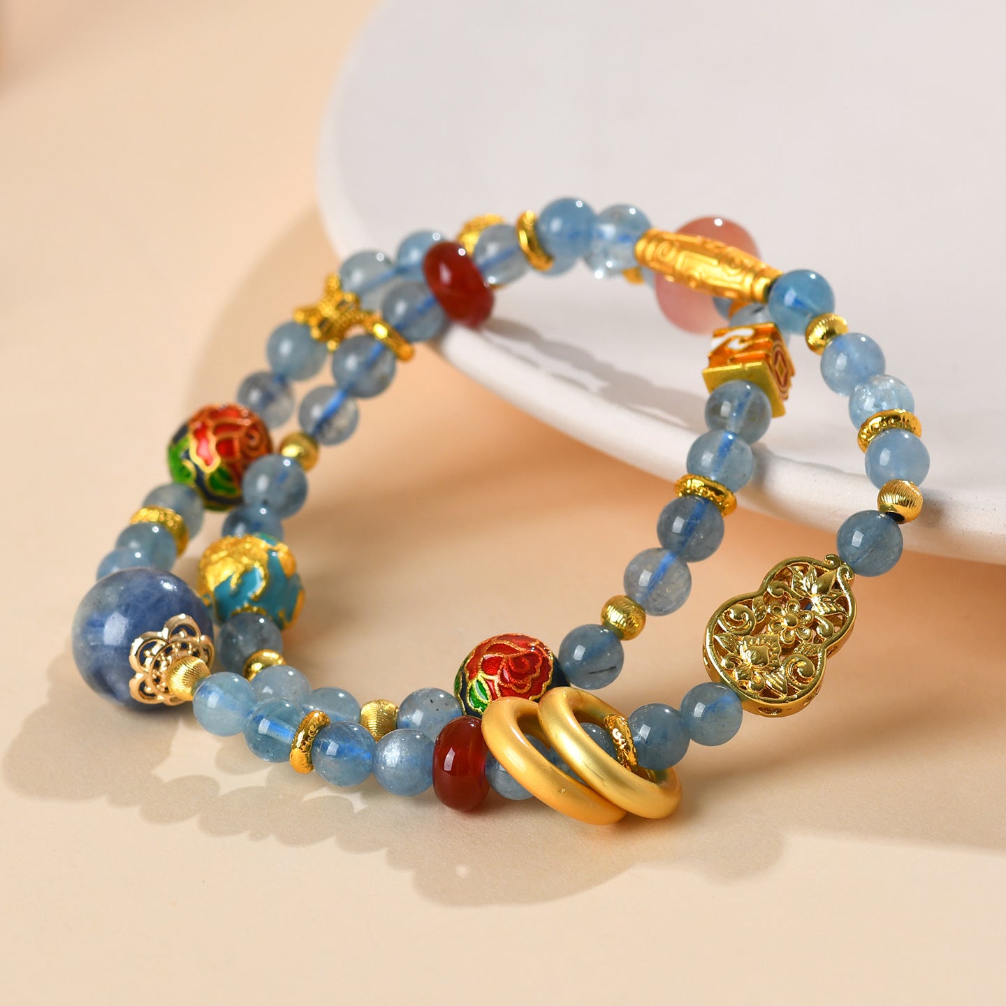 Natural Aquamarine Kyanite Double Circle Bracelet with Southern Red Agate Peace Buckle - Women's Spiritual Elegance