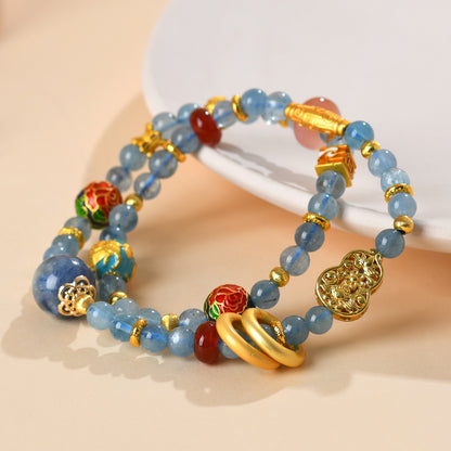 Natural Aquamarine Kyanite Double Circle Bracelet with Southern Red Agate Peace Buckle - Women's Spiritual Elegance