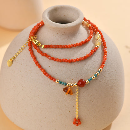 Natural Southern Red Agate & Yellow Rutilated Quartz Multi-Circle Bracelet - Elegant Women's Collarbone Necklace