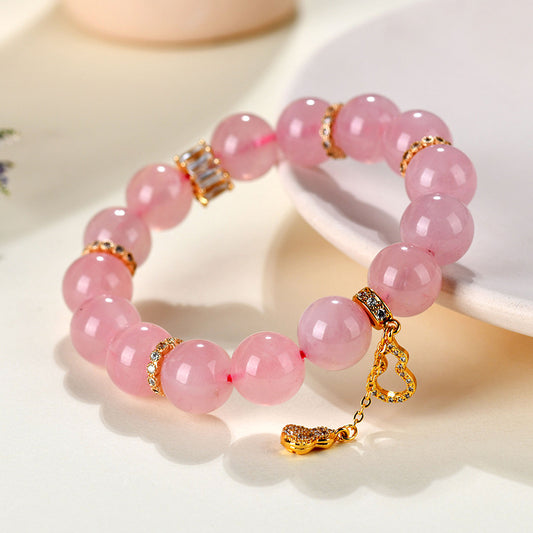 Natural Hibiscus Pink Crystal Beaded Bracelet | Large Round Beads Spiritual Jewelry for Women