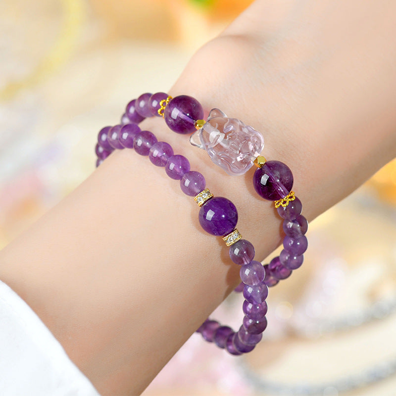Natural Amethyst Nine-Tailed Fox Double Circle Bracelet - Mystical Chinese Style Women's Jewelry