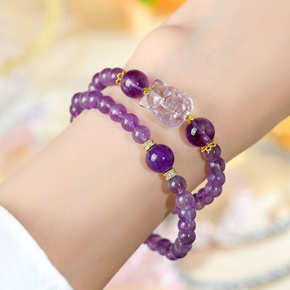 Natural Amethyst Nine-Tailed Fox Double Circle Bracelet - Mystical Chinese Style Women's Jewelry