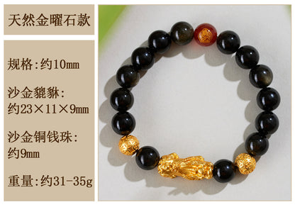 Natural Obsidian Gold Pixiu Zodiac Buddha Bracelet for Wealth Protection and Spiritual Harmony