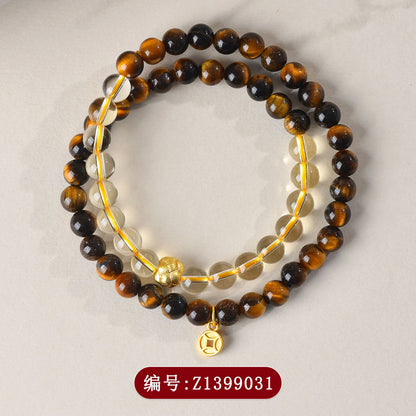Natural Yellow Tiger Eye Double Circle Bracelet | Buddhist Bead for Women's Protection and Fortune