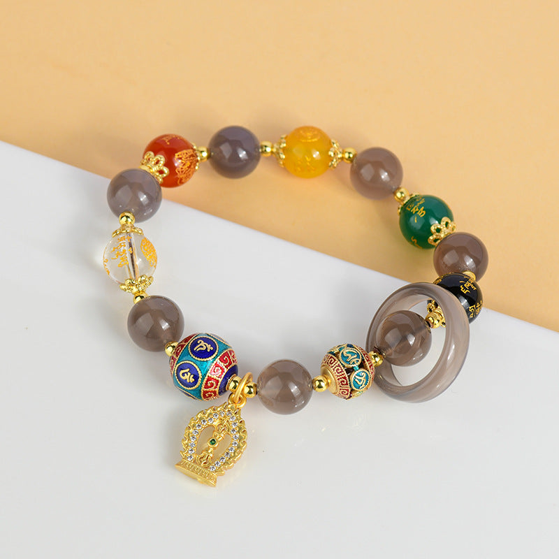 Natural Agate Five-Way God of Wealth Bracelet | Diamond Vajra Pendant for Prosperity
