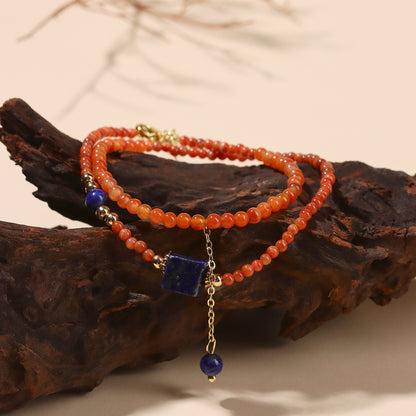 Natural Southern Red Agate & Lapis Lazuli Sugar Cube Double Circle Bracelet with Extension Chain