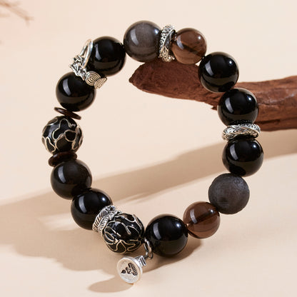 Natural Silver Obsidian Cloisonné Enamel Large Bead Bracelet for Men - Protection & Fortune