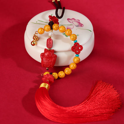 Natural Cinnabar Lucky Cat Car Hanging Ornament - Feng Shui Protection & Wealth Attraction