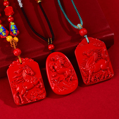 Imperial Red Cinnabar Horse Zodiac Pendant - Success and Fortune Talisman