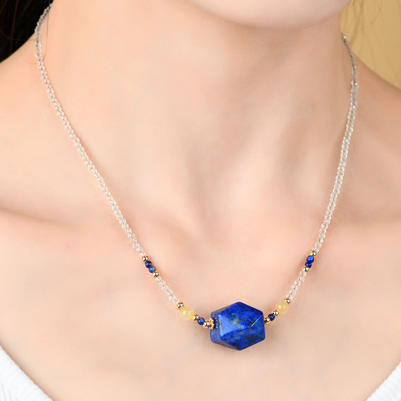 Natural White Crystal Lapis Lazuli Yellow Rutilated Quartz Collarbone Necklace | Spiritual Energy Protection & Wealth Attraction