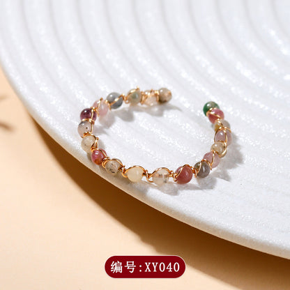 Handmade Crystal Agate Ring with Yellow Rutilated Quartz and Moonstone - Open Wire Wrapped Design for Wealth and Protection