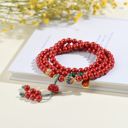 Natural High Content Cinnabar Three-Circle Bracelet with Red Lotus Bead for Women's Birth Year