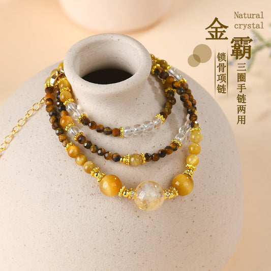 Natural Yellow Tower Crystal & Tiger Eye Three-Circle Necklace Bracelet for Women | Wealth & Protection Talisman