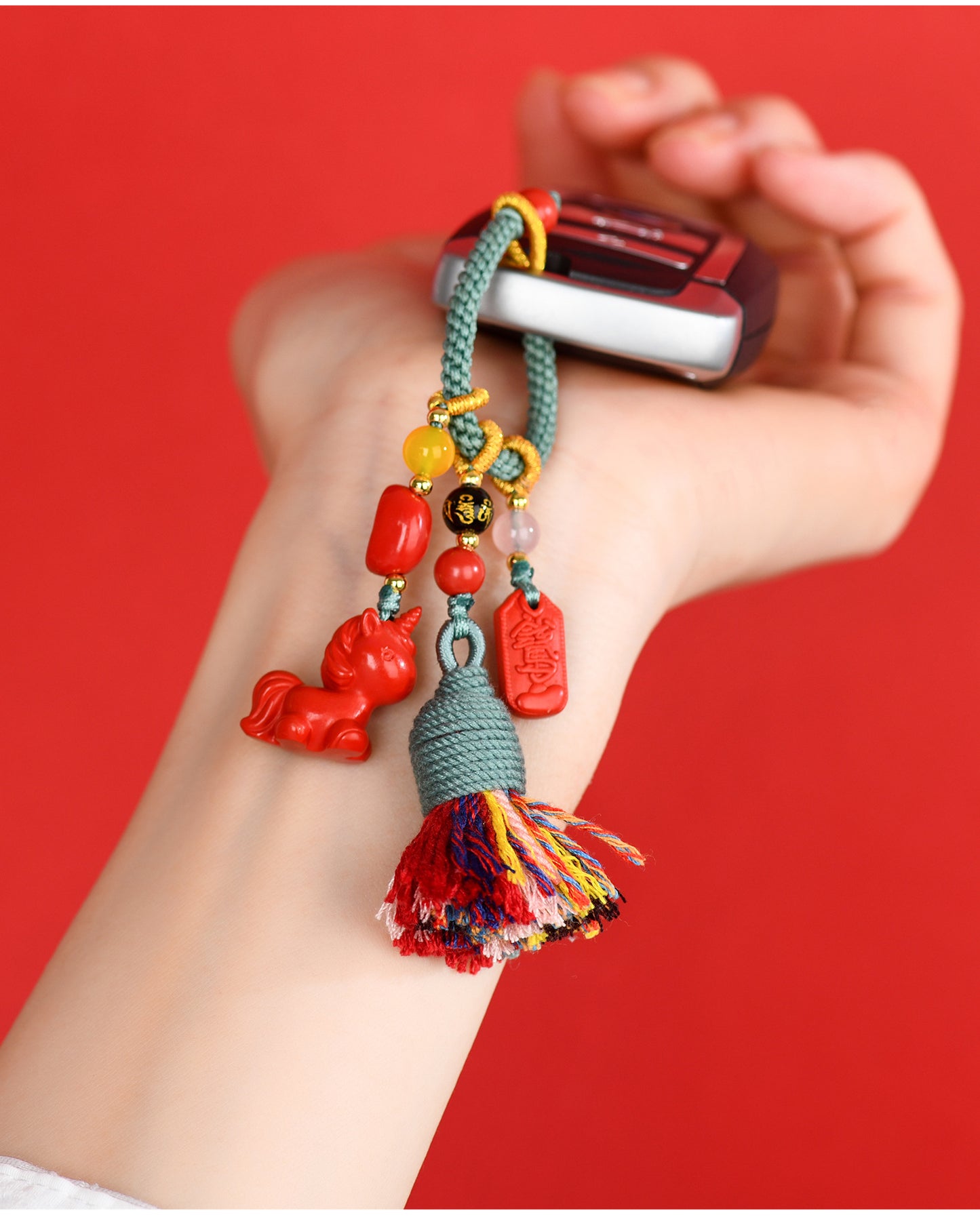 Imperial Red Cinnabar Zodiac Horse Keychain Pendant - Protection & Prosperity Talisman