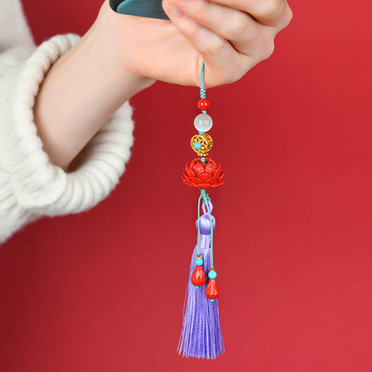 Natural Cinnabar Lotus Tassel Pendant - Protective Charm for Phone, Keychain & Bag
