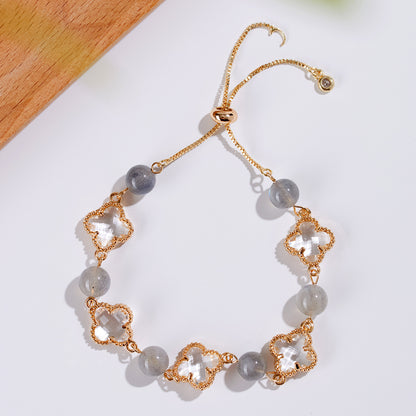 Natural Labradorite Four-Leaf Clover Bracelet | Lucky Charm & Spiritual Protection for Women