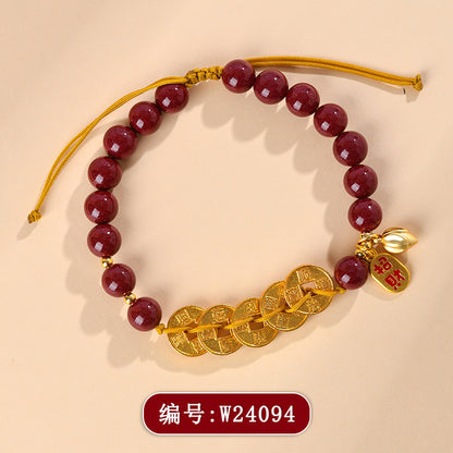 Natural Purple Gold Cinnabar Five Emperors Coin Braided Bracelet - Chinese Spiritual Protection Jewelry