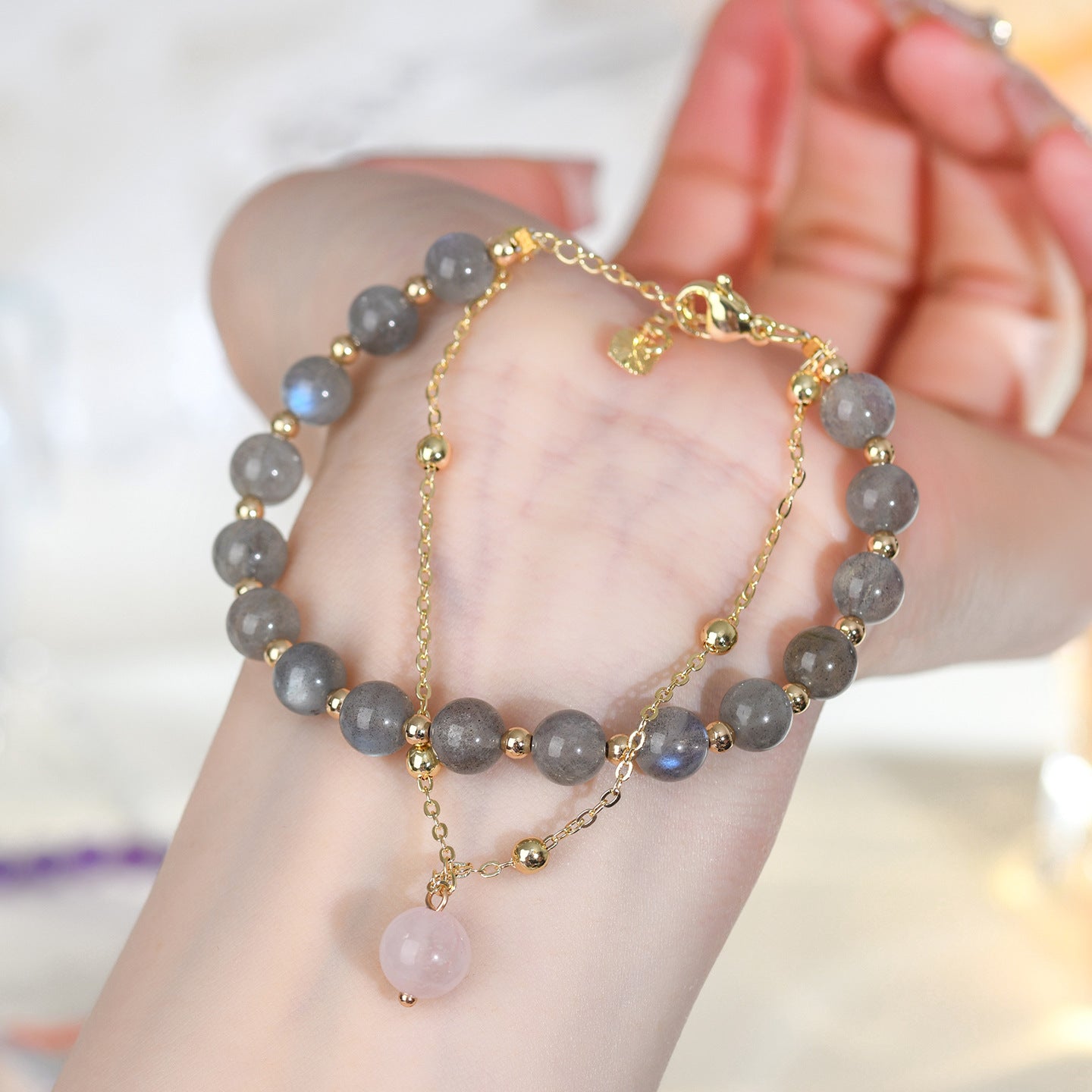 Natural Gray Moonstone & Labradorite Double-Layer Bracelet - Women's Elegant Crystal Jewelry