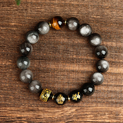 Natural Obsidian Zodiac Guardian Buddha Bracelet with Tiger Eye & Agate - Six-Word Mantra Spiritual Protection