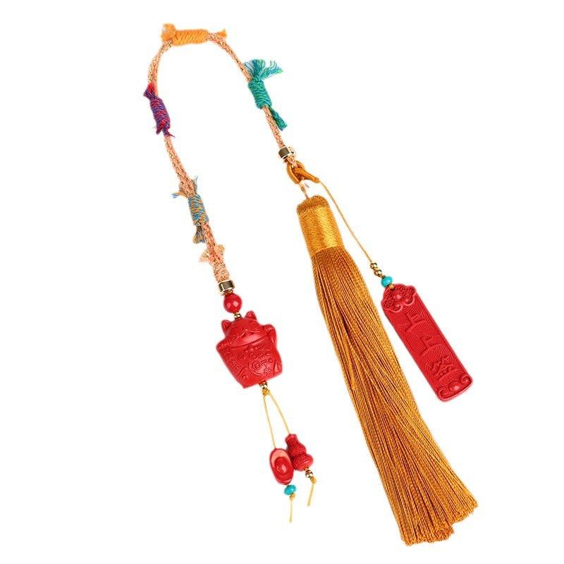 Natural Imperial Red Sand Lucky Cat Car Hanging Ornament - Tibetan Style Feng Shui Charm for Protection