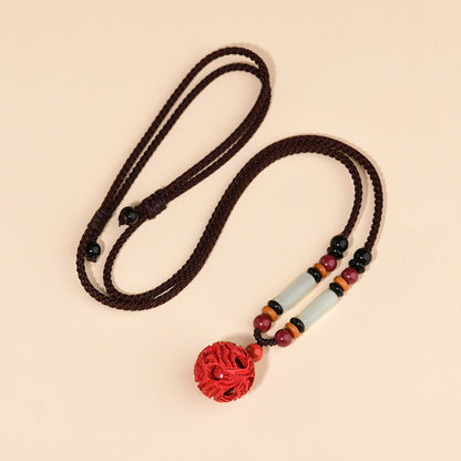 Natural Cinnabar Dragon Phoenix Hollow Ball Pendant Necklace - Auspicious Protection & Harmony