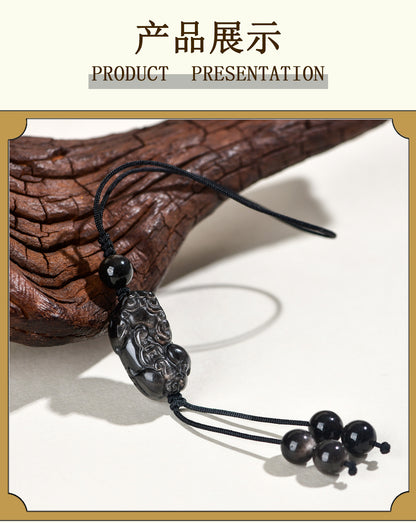 Natural Silver Obsidian Pixiu Phone Chain - Handmade Wealth Attraction Pendant