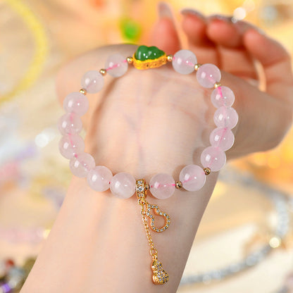 Natural Pink Quartz Gourd Tassel Bracelet | Peach Blossom Love Charm for Women