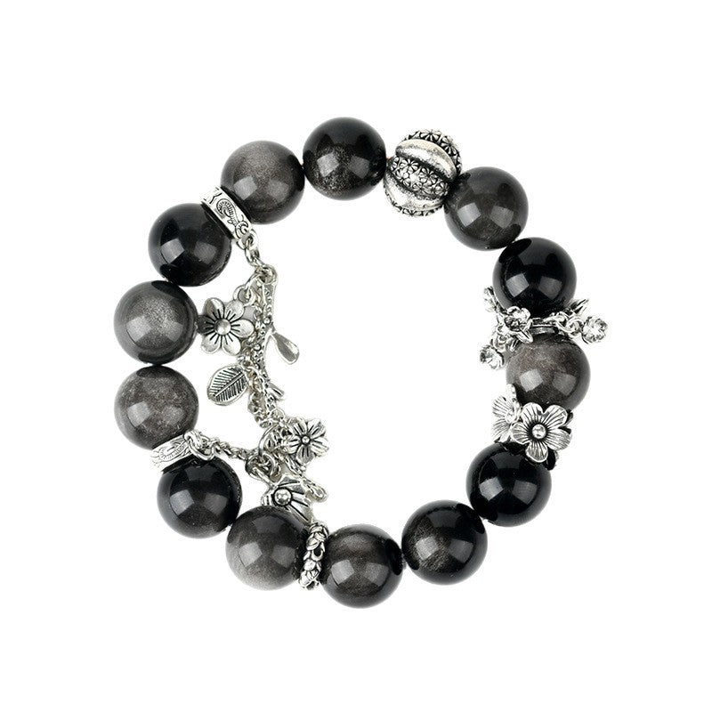 Natural Silver Obsidian Original Bracelet New Large Particle Round Beads National Style Men and Women Couple Style Hot Selling Bracelet Jewelry