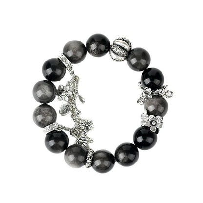 Natural Silver Obsidian Original Bracelet New Large Particle Round Beads National Style Men and Women Couple Style Hot Selling Bracelet Jewelry