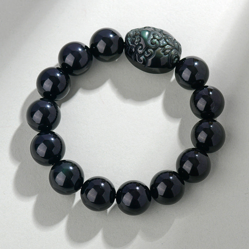 Natural Rainbow Eye Obsidian Pixiu Bracelet - Wealth and Protection Talisman for Couples