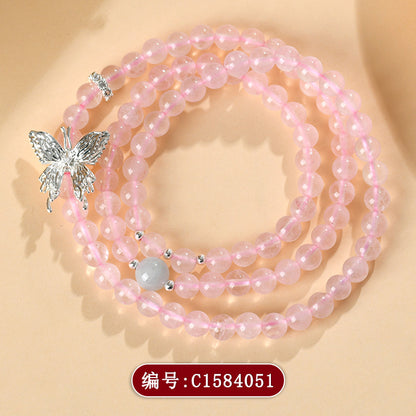Natural Pink Quartz Aquamarine Butterfly Three-Circle Love Bracelet for Women