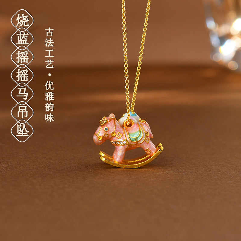 Vintage Blue Enamel Rocking Horse Pendant Necklace - Nostalgic Clavicle Chain for Protection and Joy