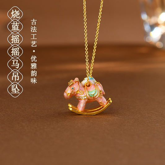Vintage Blue Enamel Rocking Horse Pendant Necklace - Nostalgic Clavicle Chain for Protection and Joy