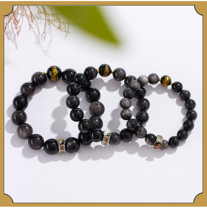Natural Obsidian Nine-Character Mantra Bagua Bracelet - Zodiac Year Guardian & Couple Harmony