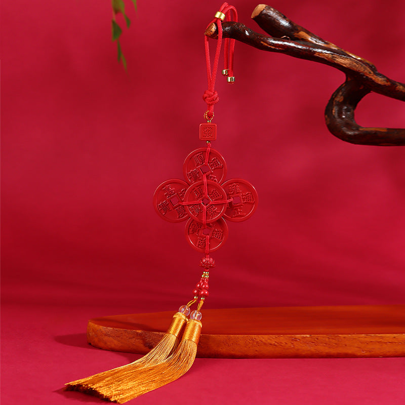 Natural Imperial Red Sand Five Emperors Coin Car Hanging Ornament - Wealth & Protection Amulet