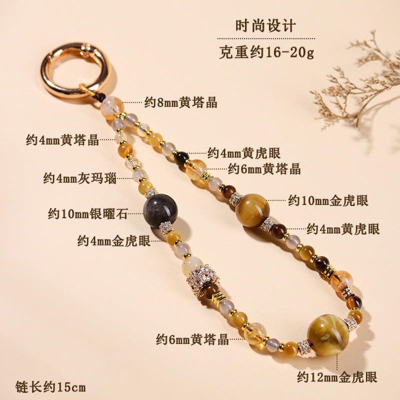 Natural Crystal Tower Keychain with Tiger Eye and Gray Agate - Wealth Protection and Good Luck Charm