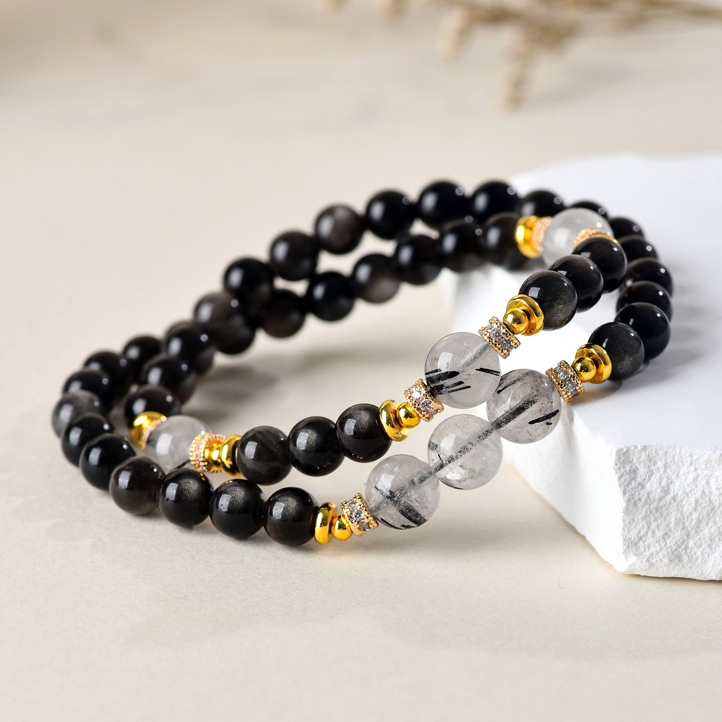 Natural Silver Obsidian & Black Rutilated Quartz Double Circle Bracelet | Chinese Style Spiritual Protection Jewelry