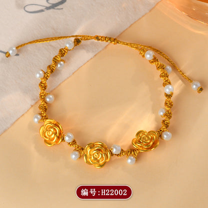 Golden Sand Rose Hand-Woven Bracelet | Ancient French Chinese Style Women's Luck Charm