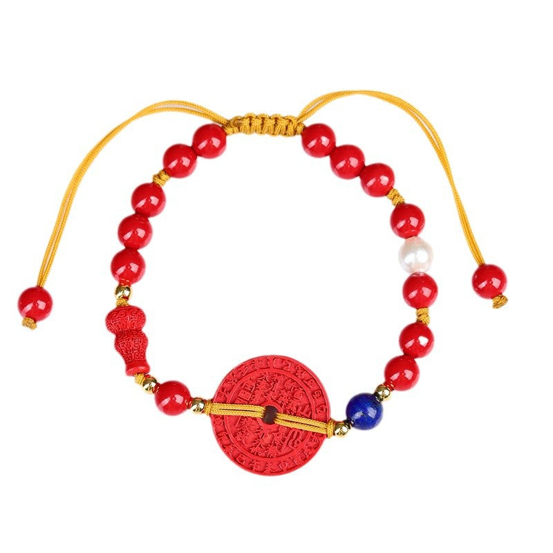 Imperial Red Cinnabar Mountain Ghost Flower Money Hand-Woven Bracelet - Chinese Style Women's Jewelry