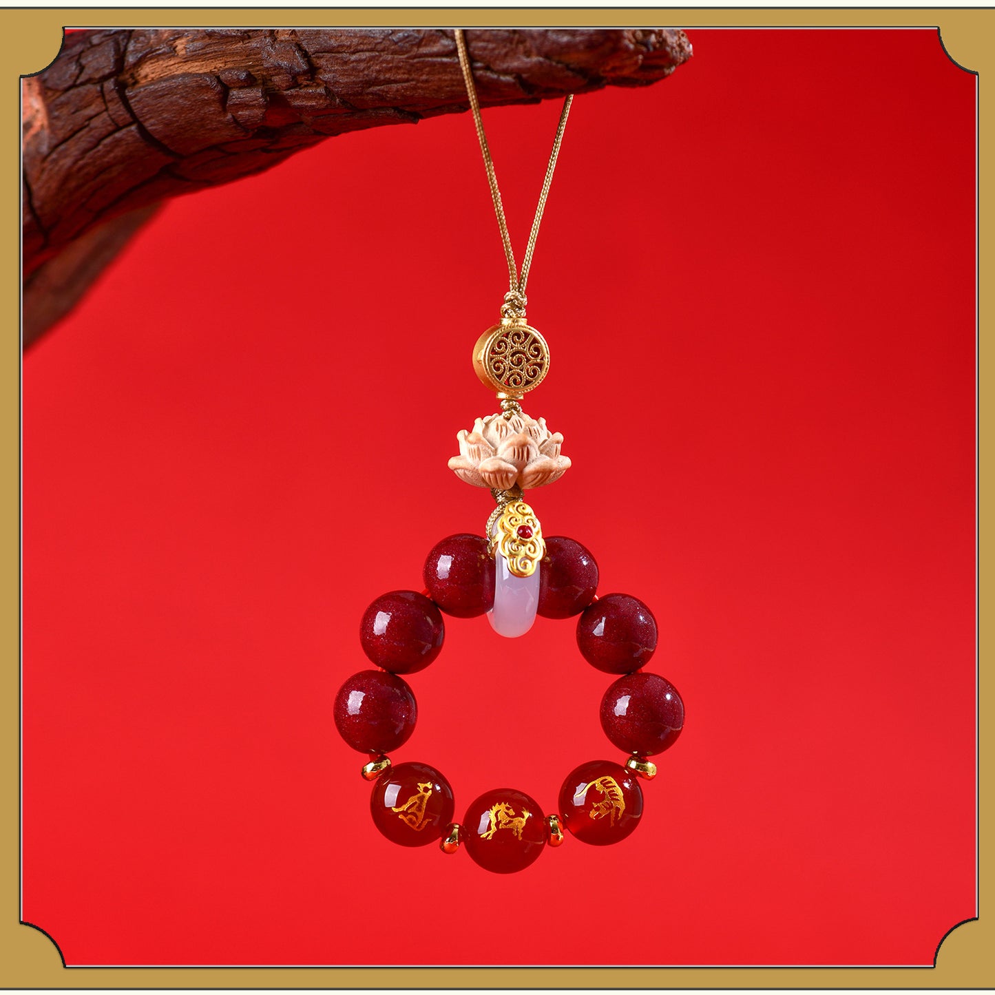 Natural Purple Gold Cinnabar Zodiac Three-in-One Keychain Pendant for Luck and Protection