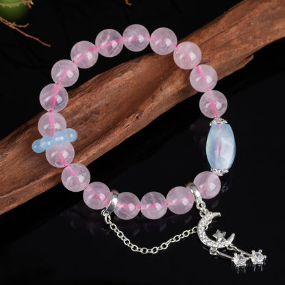 Natural Pink Quartz Aquamarine Starry Moon Love Bracelet | Irregular Crystal Design for Women