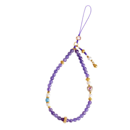 Natural Amethyst Pearl Phone Chain - Chinese Style Feng Shui Pendant for Protection and Luck