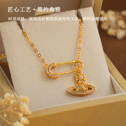 Golden Saturn Pin Necklace | 3D Planet Design Fashion Clavicle Chain