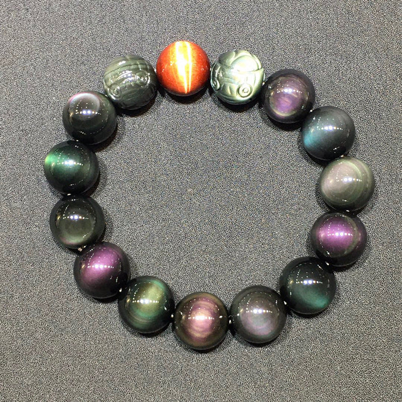 Natural Rainbow Double-Eyed Obsidian Carved Pixiu Bracelet with Red Tiger Crystal - Wealth Guardian Amulet