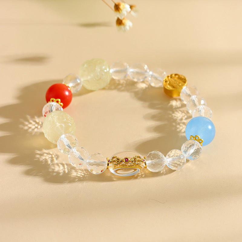 Five-Way God of Wealth Golden Crystal Bracelet | Four Directions Gather Gold Natural White Crystal Unisex Couple Amulet