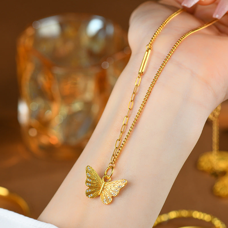 Golden Butterfly Diamond Pendant Necklace | Light Luxury Fashion Jewelry for Elegance