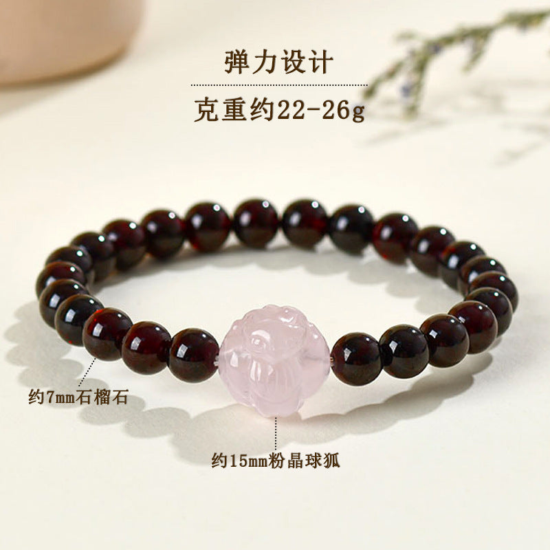 Natural Crystal Garnet Rose Quartz Fox Bracelet - Chinese Style Women's Spiritual Jewelry